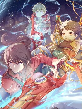 3boys aegis_sword_(xenoblade) black_hair blonde_hair brown_hair glowing glowing_weapon grappling_hook highres jacket lucky_seven_(xenoblade) monado multiple_boys noah_(xenoblade) ponytail red_jacket rex_(xenoblade) serious shulk_(xenoblade) sleeveless sword turtleneck ui_frara weapon xenoblade_chronicles_(series) xenoblade_chronicles_1 xenoblade_chronicles_2 xenoblade_chronicles_3