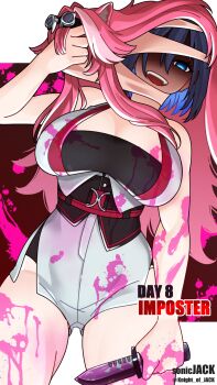 1girl among_us animal_ears blood blood_splatter blue_eyes blue_hair disguise highres hololive hololive_english knife knight_of_jack long_hair mask multicolored_hair ouro_kronii panther_ears pink_hair raora_panthera raora_panthera_(1st_costume) streaked_hair virtual_youtuber wig