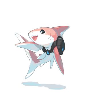 1girl 2023 absurdres back chinese_commentary colored_skin commentary dorsal_fin english_commentary fins furry furry_female gills highres krita_(medium) looking_at_viewer mingzhu_the_spirit_shark_(animal_form) open_mouth original pink_skin raised_inner_eyebrows signature simple_background smile spirit_animals_in_disguise standing teeth tyson_tan