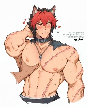 1boy animal_ear_piercing animal_ears arms_behind_back bara bare_pectorals blush commentary dog_boy dog_ears english_commentary highres huge_pectorals jewelry komano_manato large_pectorals male_focus muscular muscular_male necklace nipples pectoral_cleavage pectoral_grab pectorals red_eyes scar scar_on_chest wetfoxo zenless_zone_zero