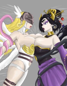 2girls accidental_touch angewomon artist_request breast_press breasts breasts_squeezed_together digimon digimon_(creature) dragon_ball earrings fusion gattai highres huge_breasts jewelry large_breasts lilithmon multiple_girls non-web_source potara_earrings surprised symmetrical_docking