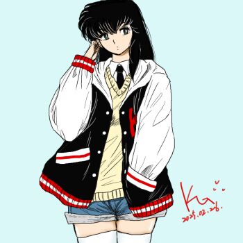 black_eyes black_hair black_jacket blue_background collared_shirt cosplay godai_yuusaku godai_yuusaku_(cosplay) hand_in_pocket hand_on_own_ear jacket jian_yin long_hair long_sleeves maison_ikkoku necktie otonashi_kyouko shirt short_shorts shorts simple_background thighhighs white_sleeves zettai_ryouiki