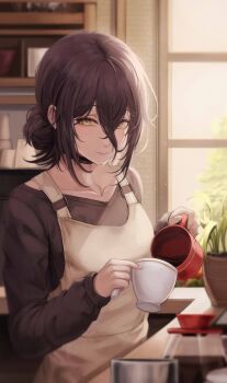 1girl absurdres apron bad_id bad_twitter_id black_choker black_hair black_sweater brown_apron chainsaw_man choker coffee_mug coffee_pot cup green_eyes hair_between_eyes hair_bun highres hk_(432_432) holding holding_cup light_particles light_rays looking_at_viewer medium_hair mug plant potted_plant pouring reze_(chainsaw_man) single_hair_bun smile solo sunbeam sunlight sweater