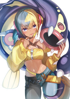 1girl :d absurdres bandana belt canari_(pokemon) commentary eelektross gen_5_pokemon hair_between_eyes hand_up highres jacket long_sleeves lower_teeth_only mask mask_pull mouth_mask multicolored_hair niharai nintendo open_clothes open_jacket open_mouth pants pokemon pokemon_(creature) pokemon_legends:_z-a purple_eyes smile teeth twitter_username two-tone_hair yellow_bandana yellow_jacket zipper zipper_pull_tab