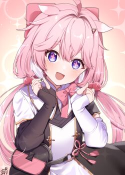 1girl :d ahoge black_dress blush bow commentary_request cross-shaped_pupils dress encore_(wuthering_waves) hair_between_eyes hair_bobbles hair_bow hair_intakes hair_ornament hands_up looking_at_viewer low_twintails o-ring omuretsu open_mouth pink_bow pink_hair purple_eyes short_eyebrows short_sleeves smile solo symbol-shaped_pupils thick_eyebrows twintails white_dress wuthering_waves