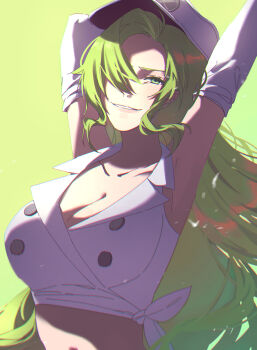 1girl absurdres armpits arms_up bleach bleach:_sennen_kessen-hen breasts buttons candice_catnipp cleavage collarbone collared_shirt colored_eyelashes commentary crop_top double-breasted elbow_gloves forehead gloves green_background green_eyes green_hair hair_over_one_eye hannahyu highres large_breasts lips long_hair looking_at_viewer midriff one_eye_covered parted_lips shirt sidelocks simple_background sleeveless sleeveless_shirt smile solo upper_body very_long_hair white_gloves white_shirt