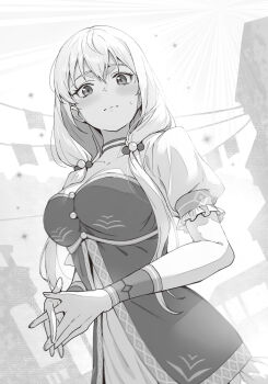 1girl ariadne_lakrios blush breasts closed_mouth danmachi_eiyuutan_argonaut dress dungeon_ni_deai_wo_motomeru_no_wa_machigatteiru_darou_ka greyscale hair_over_shoulder highres kakage long_hair looking_at_viewer low_twintails medium_breasts monochrome novel_illustration official_art outdoors own_hands_together puffy_short_sleeves puffy_sleeves short_sleeves solo sweatdrop third-party_source twintails