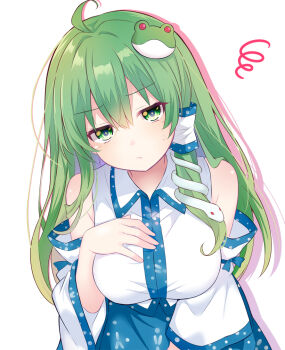 1girl ahoge bare_shoulders blue_bow blue_hair blue_skirt bow breasts closed_mouth collared_shirt colored_inner_hair commentary_request detached_sleeves frog_hair_ornament green_eyes green_hair hair_between_eyes hair_ornament hair_tubes half-closed_eyes hand_on_own_chest hand_up kochiya_sanae large_breasts long_hair long_sleeves looking_at_viewer multicolored_hair nontraditional_miko shadow shirt simple_background single_hair_tube skirt sleeveless sleeveless_shirt snake_hair_ornament solo squiggle standing sweatdrop tanaka_shoushou_fumimaro touhou white_background white_shirt white_sleeves wide_sleeves