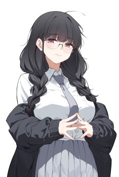 1girl absurdres aulia_(reia_76) black_hair black_jacket braid breasts closed_mouth grey_necktie grey_skirt highres jacket large_breasts long_hair looking_at_viewer mole mole_under_eye necktie original pleated_skirt red_eyes reia_76 round_eyewear shirt simple_background skirt solo twin_braids white_background white_shirt