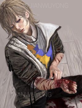 bleeding blonde_hair blood blood_on_clothes blood_on_hands boxcutter cuts highres holding holding_boxcutter injury longwandb looking_down male_focus on_floor original self-harm self-harm_scar sitting solo wrist_cutting