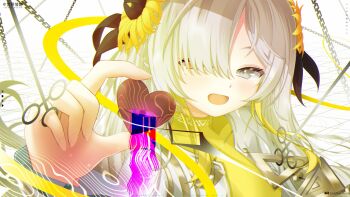 Rule 34 | 1girl, :d, absurdres, artist name, blush, candy, chain, character name, chocolate, chocolate heart, dress, endykamome, flower, food, glitch, grey eyes, grey hair, hair flower, hair ornament, hair over one eye, heart, heart-shaped food, heterochromia, highres, holding, holding chocolate, holding food, isekaijoucho, kamitsubaki studio, long hair, open mouth, portrait, red eyes, shrug (clothing), smile, solo, virtual youtuber, white shrug, yellow dress, yellow flower
