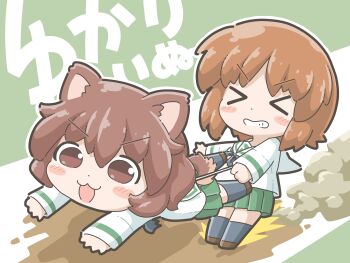 >_< 2girls :3 :d absurdres akiyama_yukari animal_ears black_socks blush_stickers brown_eyes brown_hair brown_shoes chibi commentary dog_ears dog_tail frown girls_und_panzer green_skirt grimace highres kemonomimi_mode leash long_hair messy_hair multiple_girls nishizumi_miho ooarai_school_uniform open_mouth pleated_skirt running school_uniform serafuku shirt shoes short_hair skirt smile socks struggling tail text_background toujou_fumimaro translated white_shirt
