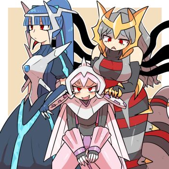 Rule 34 | 1boy, 2girls, androgynous, anger vein, armor, blue hair, blush, breasts, cartier (kasugai (de-tteiu)), commentary, dialga, dragon, dragon horns, dress, eve (kasugai (de-tteiu)), fang, gen 4 pokemon, giratina, grey hair, high ponytail, horns, kasugai (de-tteiu), lamia, large breasts, legendary pokemon, maiden (kasugai (de-tteiu)), monster girl, multiple girls, nintendo, palkia, personification, pink hair, pokemon, ponytail, red eyes, shaded face, teardrop, worried