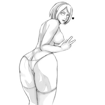 Rule 34 | 1girl, ass, ass focus, boruto: naruto next generations, breasts, datteboobie, from behind, haruno sakura, highres, looking at viewer, looking back, monochrome, naruto (series), nipples, panties, sideboob, solo, solo focus, thick thighs, thighhighs, thighs, underwear, white background