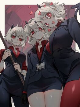 3girls :d absurdres black_horns black_skirt blazer breasts cleavage collared_shirt commentary_request curly_hair demon_girl demon_horns demon_tail glasses heart heart-shaped_pupils helltaker highres horns jacket looking_at_viewer malina_(helltaker) medium_breasts modeus_(helltaker) multiple_girls noah_(tettsui-sole) open_mouth pandemonica_(helltaker) pantyhose pencil_skirt red_eyes red_pantyhose red_shirt shirt short_hair skirt small_breasts smile symbol-shaped_pupils tail thighs twitter_username white_hair