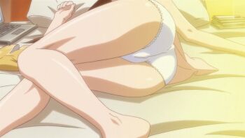 10s 1girl aki_sora animated animated_gif aoi_aki ass barefoot bed brown_hair computer female_focus laptop legs panties solo underwear