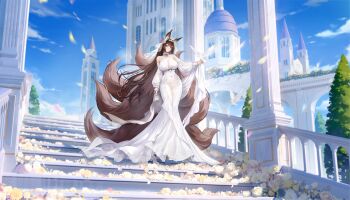 1girl absurdres amagi_(azur_lane) amagi_(cv)_(azur_lane) amagi_(cv)_(moonlit_blossom_on_placid_seas)_(azur_lane) animal_ear_fluff animal_ears artist_request azur_lane bird blue_sky blurry blurry_background breasts brown_hair building covered_navel day dress falling_petals flower fox_ears fox_girl fox_tail hair_flower hair_ornament highres holding long_hair long_sleeves looking_at_viewer motion_blur multiple_expressions multiple_tails non-web_source official_alternate_costume official_art outdoors parted_lips petals puffy_sleeves purple_flower see-through_clothes see-through_dress sky stairs standing tail very_long_hair wedding_dress white_dress white_flower