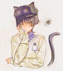 Rule 34 | 1boy, animal hat, blue eyes, blush, cat boy, cat tail, closed mouth, cropped torso, genshin impact, hair between eyes, hand on own cheek, hand on own face, hat, lic 617, long sleeves, male focus, purple hair, scaramouche (cat) (genshin impact), scaramouche (genshin impact), simple background, sleeves past wrists, solo, squiggle, tail, turtleneck, upper body