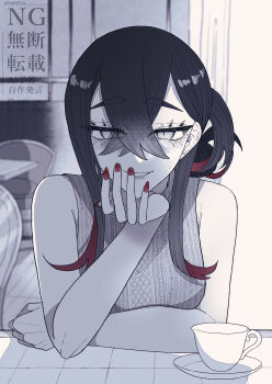 1girl absurdres alternate_costume alternate_hairstyle bare_shoulders carmine_(pokemon) crossed_bangs cup eyelashes hair_between_eyes highres indoors looking_at_viewer multicolored_hair nintendo plate pokemon pokemon_sv red_hair red_nails sleeveless smile solo spot_color ssandesu teacup two-tone_hair upper_body