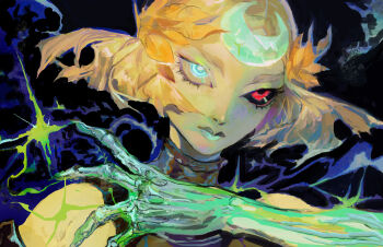 1girl bare_shoulders black_sclera blonde_hair closed_mouth colored_sclera commentary crescent crescent_hair_ornament dark_background english_commentary green_eyes green_lips hades_(series) hades_2 hair_ornament hand_up heterochromia lips looking_to_the_side melinoe_(hades) nose painterly portrait red_eyes saprophilous short_hair skeletal_hand solo