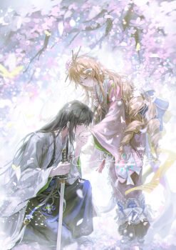 Rule 34 | 1boy, 1girl, absurdres, black hair, blonde hair, cherry blossoms, chinese clothes, drill hair, falling petals, flower, hair flower, hair ornament, hanfu, hetero, highres, holding, holding hands, holding weapon, japanese clothes, kiss, kissing hand, long hair, long sleeves, on one knee, onunu, original, petals, sword, watermark, weapon, wide sleeves