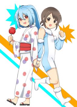 1boy 1girl black_eyes blue_leotard boots candy_apple clenched_hand cosplay detached_sleeves food fur-trimmed_sleeves fur_trim highres holding holding_candy_apple holding_food holding_hands japanese_clothes karamorokoshi kenma-kun kenma-kun_(cosplay) koushinism leotard mutsumikko mutsumikko_(cosplay) sandals white_boots