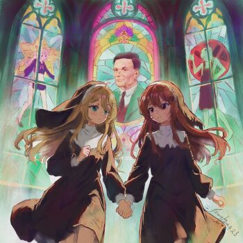 2girls absurdres ahoge alan_turing annytf black_dress black_veil blue_eyes broken_heart broken_heart_hair_ornament brown_hair closed_mouth commentary dress english_commentary evil_neuro-sama from_side guimpe hair_between_eyes hair_ornament hand_grab heart heart_hair_ornament highres indie_virtual_youtuber indoors long_hair long_sleeves medium_dress multiple_girls neuro-sama nun real_life red_eyes siblings signature sisters skull_hair_ornament stained_glass timestamp traditional_nun twins upper_body vedal987 vedal_ai veil virtual_youtuber wimple yngxx1895996