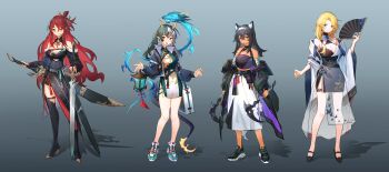 4girls absurdres animal_ear_fluff animal_ears bandaged_arm bandages bare_shoulders black_boots black_dress black_hair black_jacket black_shoes blonde_hair blue_eyes boots breasts cat_ears cat_girl cleavage closed_mouth commentary crossed_bangs double-parted_bangs dragon_girl dragon_horns dragon_tail dress eastern_dragon_horns english_commentary full_body green_hair green_shoes grey_background hair_between_eyes hand_fan high_heel_boots high_heels highres holding holding_fan holding_scythe holding_sword holding_weapon horns jacket jacket_partially_removed japanese_clothes kimono lantern large_breasts lineup long_hair long_sleeves looking_at_viewer multiple_girls multiple_swords open_mouth orange_eyes original pointy_ears red_hair scabbard scythe shadow sheath sheathed shoes shouz simple_background skirt small_breasts smile standing sword tail thigh_boots weapon white_kimono white_skirt wide_sleeves yellow_eyes