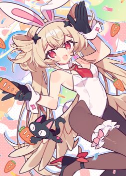 1girl :d absurdres animal animal_ears arm_up bare_arms bare_shoulders black_cat black_gloves black_pantyhose black_shoes blonde_hair breasts carrot cat chucolala collar colorful_background commission confetti crossed_bangs detached_collar dot_nose drop_shadow fake_animal_ears fang feet_out_of_frame frilled_thigh_strap gloves hand_up happy high_heels highres holding holding_carrot knee_up leotard light_blush long_hair looking_at_viewer low_wings necktie non-web_source open_mouth outline pantyhose peroppafu playboy_bunny red_eyes red_necktie see-through_pantyhose shoes short_necktie skin_fang sleeve_cuffs small_breasts smile solo suzumiya_rin thigh_strap twintails very_long_hair white_collar white_leotard white_outline wing_collar wings