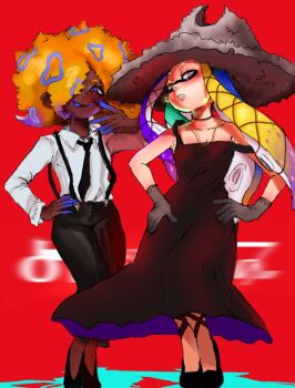 2girls bchild032058 black_choker black_dress black_necktie black_pants black_shoes black_suspenders blonde_hair blue_hair blue_tongue cephalopod_eyes choker collared_shirt colored_tongue commission dark-skinned_female dark_skin domino_mask dress eye_mask gloves grey_eyes grey_gloves grey_hat hair_over_one_eye hand_up hands_on_own_hips hat highres jewelry long_hair long_sleeves looking_at_viewer mask multicolored_hair multiple_girls necklace necktie nintendo octoling off-shoulder_dress off_shoulder orange_hair pants parted_lips patterned_hair purple_eyes purple_hair red_background second-party_source shirt shoes splatoon_(series) splatoon_3 suction_cups tao_blu_(splatoon) tentacle_hair tongue tongue_out white_shirt yoko_(splatoon)