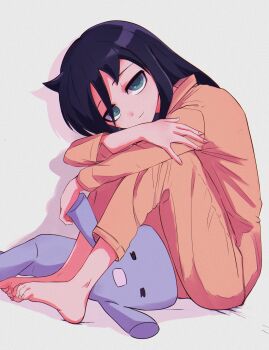 1girl 5_rebbeccas absurdres barefoot black_hair feet fingernails full_body green_eyes half-closed_eyes highres hugging_own_legs knees_up kuroki_tomoko long_hair looking_at_viewer orange_pajamas pajamas simple_background sitting solo stuffed_toy toenails toes watashi_ga_motenai_no_wa_dou_kangaetemo_omaera_ga_warui! white_background