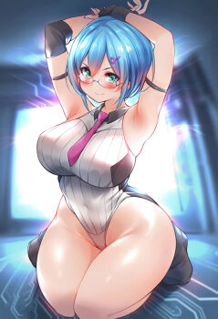 1girl armpits breasts dead_or_alive dead_or_alive_6 female_focus glasses hair_between_eyes large_breasts leotard necktie nico_(doa) pink_necktie ribbed_leotard smile solo thighs