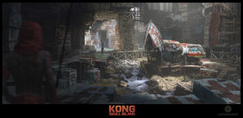 2boys bodypaint concept_art dennis_chan hieroglyphics highres iwi king_kong_(series) legendary_pictures monsterverse multiple_boys mural official_art petroglyph petroglyphs plane polearm spear tattoo temple tribal tribal_tattoo warrior water weapon