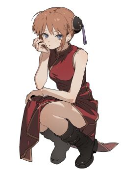 1girl absurdres black_boots blue_eyes boots bun_cover china_dress chinese_clothes dress gintama hair_bun highres kagura_(gintama) orange_hair solo zhibuji_loom