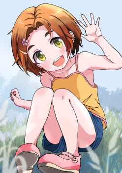 Rule 34 | 1girl, bare arms, bare legs, blue shorts, blush, camisole, collarbone, commentary request, forehead, full body, hair ornament, hairpin, highres, idolmaster, idolmaster cinderella girls, jojifuku, knees up, looking at viewer, nonchan, on grass, on ground, orange camisole, orange hair, outdoors, pink shoes, ryuzaki kaoru, shoes, short hair, short shorts, shorts, sitting, smile, solo, teeth, upper teeth only, yellow eyes