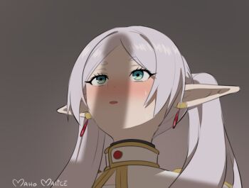 1girl blue_eyes blush elf frieren grey_hair looking_up maho_malice meme penis_shadow pointy_ears simple_background solo sousou_no_frieren twintails upper_body upward_angle_frieren_drawing upward_angle_frieren_drawing_(meme)