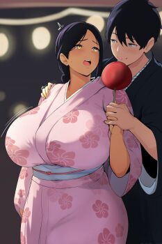 1boy 1girl black_hair black_kimono blue_eyes blurry blurry_background blush breasts candy_apple coco_(setawar) commentary couple dark-skinned_female dark_skin english_commentary festival food hand_on_another&#039;s_shoulder hetero highres holding holding_candy_apple holding_food holding_hands huge_breasts japanese_clothes kimono long_hair looking_at_another night obi obijime open_mouth original parted_bangs pink_kimono print_kimono sash short_hair smile summer_festival tan wide_sleeves yellow_eyes yukata
