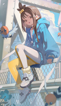 1girl :d absurdres blue_hoodie brown_hair chain-link_fence cloud commentary_request cube_hair_ornament day earclip fence fletchling flower gen_6_pokemon hair_ornament highres hood hood_down hoodie leggings lida_(pokemon) long_hair looking_down nintendo open_mouth outdoors pokemon pokemon_(creature) pokemon_legends:_z-a ribbed_socks shoes sidelocks sitting sky smile socks topknot white_shoes yoyogur zipper_pull_tab