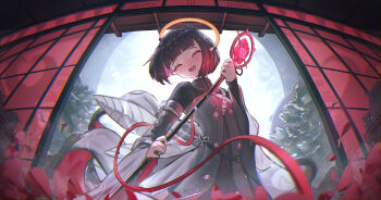 1girl :d absurdres artist_name belt black_belt breasts closed_eyes colored_inner_hair commentary dot_nose english_commentary fang floomf hair_ornament halo highres holding holding_microphone_stand hololive long_sleeves microphone_stand multicolored_hair ninomae_ina'nis official_alternate_costume open_mouth pink_hair pointy_ears purple_hair short_hair shouji skin_fang sliding_doors small_breasts smile takodachi_(ninomae_ina'nis) tree virtual_youtuber