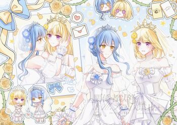 Rule 34 | 2girls, artist request, bang dream!, bang dream! it's mygo!!!!!, blonde hair, blue hair, bouquet, bridal veil, bride, chibi, crescent, cup, dress, eye contact, female focus, flower, heart, highres, holding, holding bouquet, holding hands, interlocked fingers, letter, light blush, long hair, looking at another, medium hair, misumi uika, mug, multiple girls, petals, purple eyes, ribbon, see-through clothes, see-through veil, smile, spoken heart, star (symbol), thorns, togawa sakiko, veil, wedding dress, wife and wife, yellow eyes, yuri