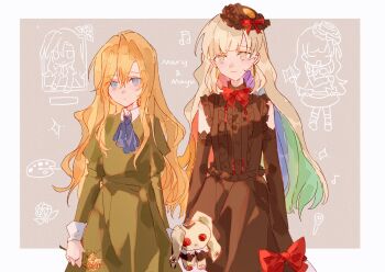 2girls black_dress blonde_hair blue_eyes center_frills colored_inner_hair crossover dress elbow_gloves flower frills gloves green_dress hat highres holding holding_flower holding_stuffed_toy ib_(kouri) juliet_sleeves long_hair long_sleeves mary_(ib) mayu_(vocaloid) mini_hat multicolored_hair multiple_girls puffy_sleeves rainbow_hair sleeveless sleeveless_dress stuffed_animal stuffed_rabbit stuffed_toy vocaloid wavy_hair wssjzwcmd yellow_eyes
