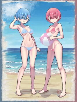 2girls absurdres ball beach beachball bikini blue_bikini blue_eyes blue_hair breasts commentary elementary_(lolipope) hair_ornament hair_over_one_eye highres medium_breasts multiple_girls ocean outdoors pink_bikini pink_eyes pink_hair ram_(re:zero) re:zero_kara_hajimeru_isekai_seikatsu rem_(re:zero) short_hair siblings sisters swimsuit twins