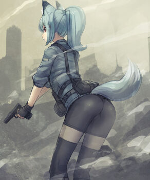 1girl animal_ears ass bad_id bad_tumblr_id bee_(deadflow) bike_shorts black_gloves concon-collector female_focus fingerless_gloves fox_ears fox_tail glock gloves gun handgun load_bearing_vest muted_color open_mouth original pistol ponytail red_eyes silver_hair solo tail trigger_discipline weapon