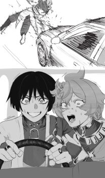 1girl 2boys accident ahoge artist_name blunt_ends bodysuit boots bridal_gauntlets cape car car_interior chainsaw_man clenched_hand coat collei_(genshin_impact) crazy_eyes crazy_grin crossed_bangs dottore_(genshin_impact) driving eyelashes frown furrowed_brow gem genshin_impact greyscale hair_between_eyes hair_ornament hand_on_another&#039;s_arm head_on_another&#039;s_shoulder highres japanese_clothes kimono looking_at_viewer mandarin_collar middle_ring monochrome motion_lines motor_vehicle multiple_boys nervous_sweating open_clothes open_kimono open_mouth pants parody ramming scaramouche_(genshin_impact) scene_reference short_hair steering_wheel style_parody sweat teeth tongue usekh_collar vision_(genshin_impact) wanderer_(genshin_impact) wide-eyed wispy_bangs zac-n