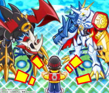 Rule 34 | 1boy, armor, beanie, black armor, black hat, blue pants, commentary request, digimon, digimon (creature), digimon world, digimon world: digital card battle, dragon, group picture, hat, hood, hoodie, imperialdramon, imperialdramon dragon mode, mecha, official art, omegamon, pants, pixel art, protagonist (digimon world), robot, standing, yellow hoodie