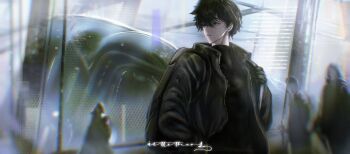 Rule 34 | 1boy, 3others, adjusting strap, backpack, bag, black gloves, black hair, black jacket, black shirt, blurry, blurry background, cowboy shot, gloves, highres, illithii, indoors, jacket, looking back, male focus, multiple others, people, shadow slave, shirt, short hair, sidelighting, solo focus, sunny (shadow slave), train, train station platform, turtleneck