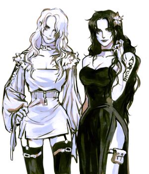 Rule 34 | 2girls, arm tattoo, belt, choker, closed mouth, commentary request, cowboy shot, dress, eyelashes, flower, freckles, garter straps, genderswap, genderswap (mtf), greyscale, hair flower, hair ornament, hair over one eye, hand on own hip, highres, insect candy, long hair, long sleeves, monochrome, multiple girls, one piece, portgas d. ace, pouch, sabo (one piece), scar, scar across eyes, scar on face, side slit, simple background, smile, tattoo, thigh pouch