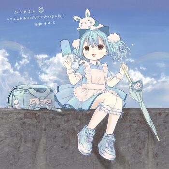 Rule 34 | 1girl, :3, animal, animal ears, animal on head, apron, backpack, bag, blue dress, blue hair, blue sky, cat ears, closed umbrella, cloud, cloud hair ornament, commentary, commission, day, dress, fake animal ears, fang, flat chest, food, frilled apron, frilled dress, frills, full body, gloves, hair intakes, highres, holding, holding food, holding popsicle, holding umbrella, kneehighs, light blue hair, on head, on wall, open mouth, original, outdoors, popsicle, rabbit, ribbon-trimmed legwear, ribbon-trimmed socks, ribbon trim, shiromomo sofuto, shoes, short dress, short sleeves, sitting, sky, smile, socks, solo, translation request, twintails, umbrella, unworn backpack, unworn bag, wall, white apron, white gloves, white socks