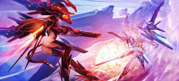 Rule 34 | 3girls, akane (xipuria), ass, bad id, bad pixiv id, battle, black legwear, breasts, clothes lift, dual wielding, elbow gloves, explosion, facing away, facing viewer, gloves, gun, hair between eyes, highres, holding, holding gun, holding weapon, large breasts, leotard, long hair, mecha musume, multiple girls, photoshop (medium), purple eyes, red hair, reina (xipuria), skirt, skirt lift, sky diver xipuria, thighhighs, weapon, white gloves, white hair, white legwear, zhuore zhi hen