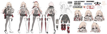 1girl asymmetrical_footwear asymmetrical_legwear beret blonde_hair bodysuit boots breasts character_name closed_umbrella full_body gloves grey_bodysuit haguruma_c hair_ornament hat high_heel_boots high_heels highres holding jacket long_hair looking_at_viewer multiple_expressions multiple_views open_mouth original reference_sheet shorts simple_background single_leg_pantyhose single_thigh_boot smile standing thigh_boots thighhighs torn_clothes turnaround umbrella white_background white_gloves